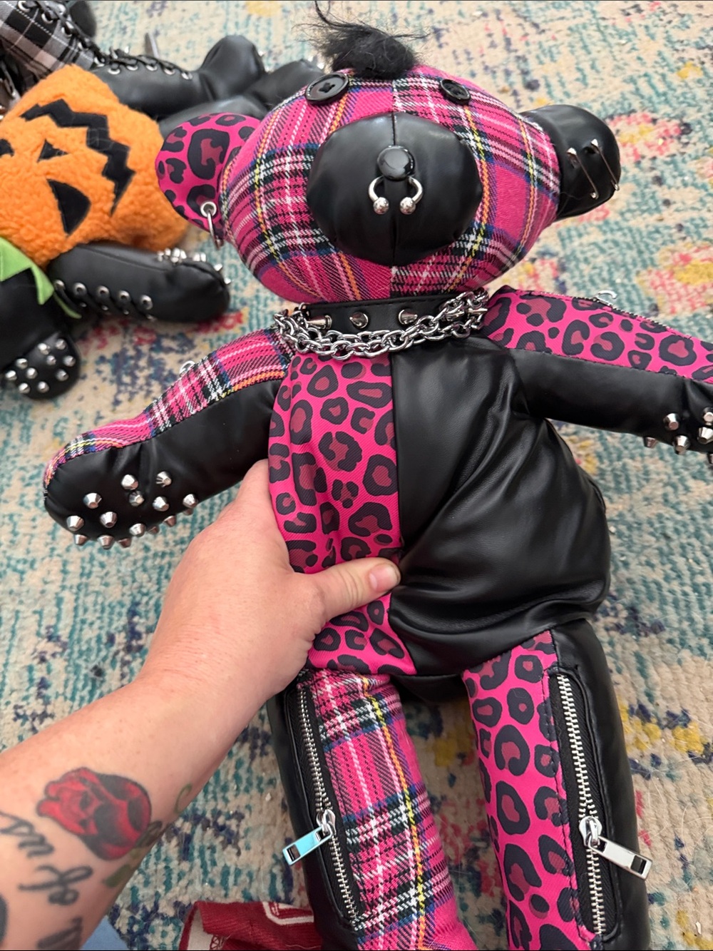 Dolls Kill Pink Plaid & Hot Pink Leopard Punk Teddy Backpack
